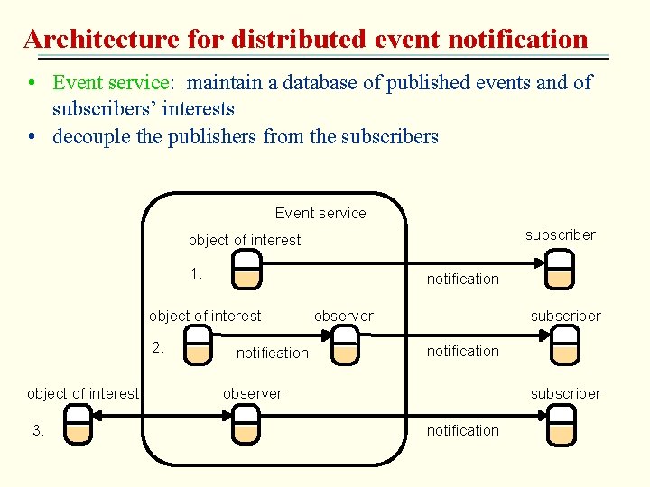 Architecture for distributed event notification • Event service: maintain a database of published events