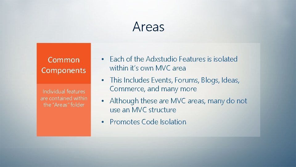 Areas Common Components Individual features are contained within the “Areas” folder • Each of