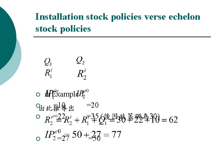 Installation stock policies verse echelon stock policies 由Example 1 ¡由此推導出 =10 =20 ¡ =22