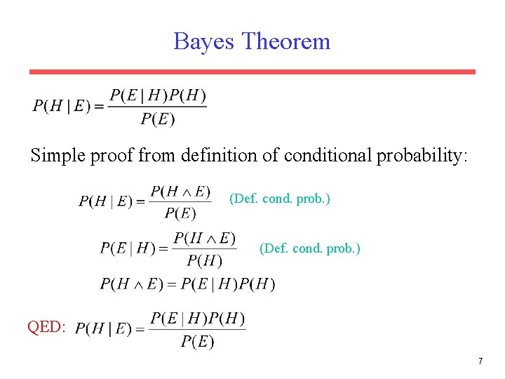 Bayes Theorem Simple proof from definition of conditional probability: (Def. cond. prob. ) QED: