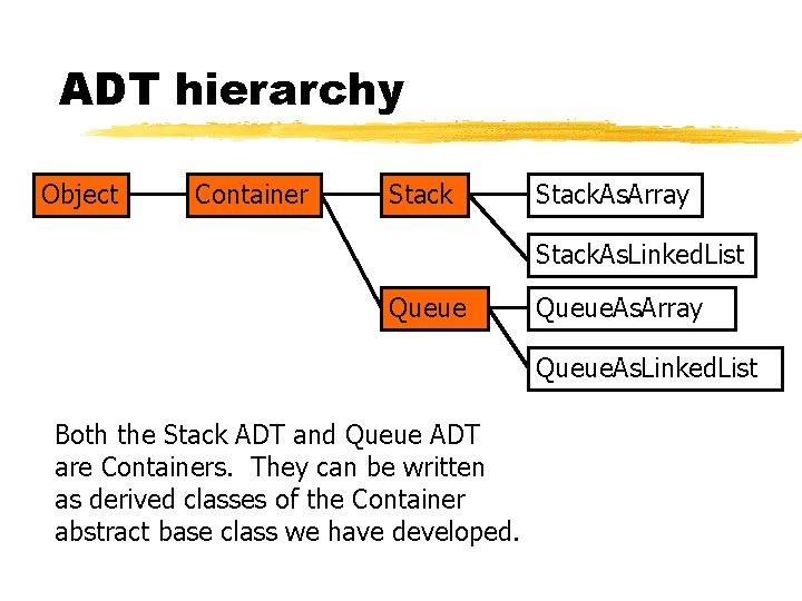 ADT hierarchy Object Container Stack. As. Array Stack. As. Linked. List Queue. As. Array
