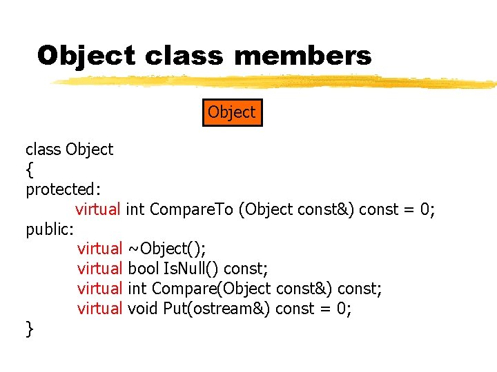 Object class members Object class Object { protected: virtual int Compare. To (Object const&) Object class members Object class Object { protected: virtual int Compare. To (Object const&)