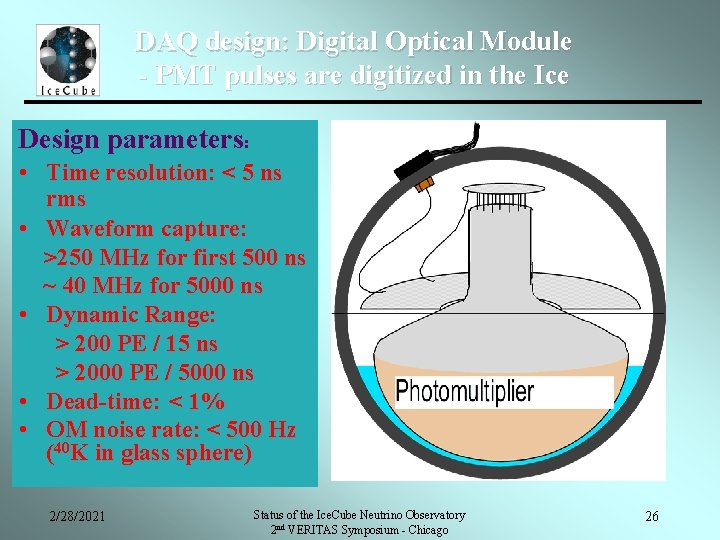 DAQ design: Digital Optical Module - PMT pulses are digitized in the Ice Design