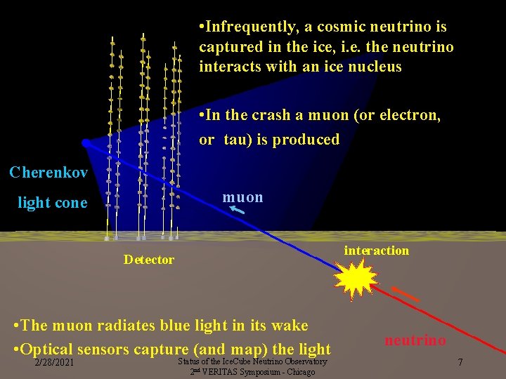  • Infrequently, a cosmic neutrino is captured in the ice, i. e. the