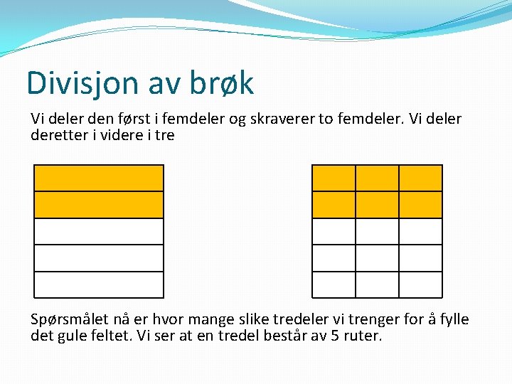 Divisjon av brøk Vi deler den først i femdeler og skraverer to femdeler. Vi