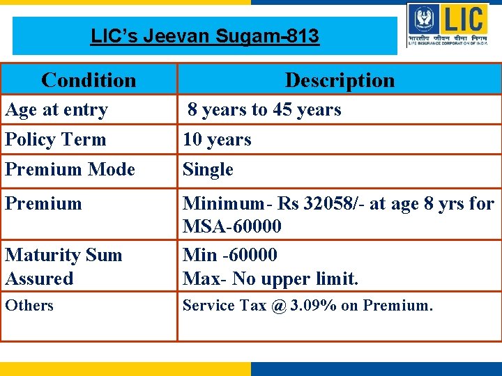 LIC’s Jeevan Sugam-813 Condition Description Age at entry 8 years to 45 years Policy