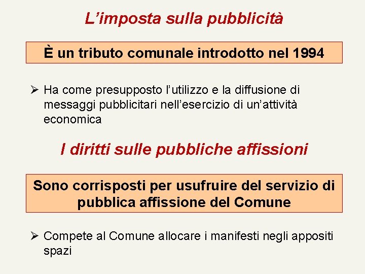 L’imposta sulla pubblicità È un tributo comunale introdotto nel 1994 Ø Ha come presupposto