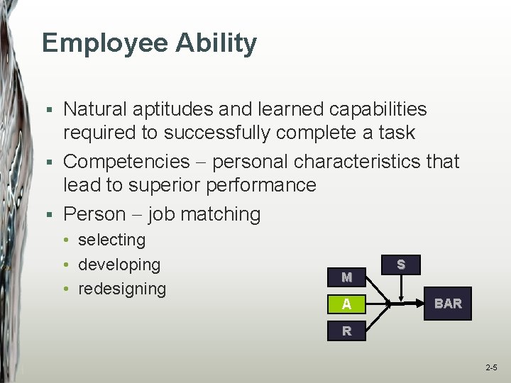Employee Ability Natural aptitudes and learned capabilities required to successfully complete a task §