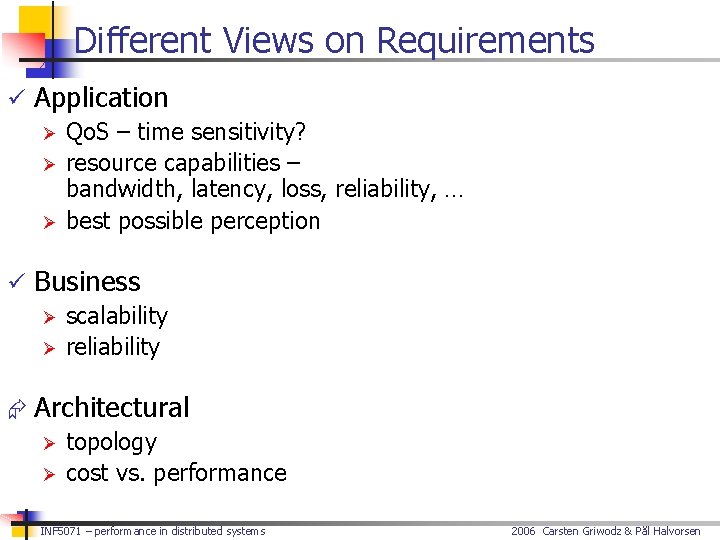 Different Views on Requirements ü Application Ø Qo. S – time sensitivity? Ø resource