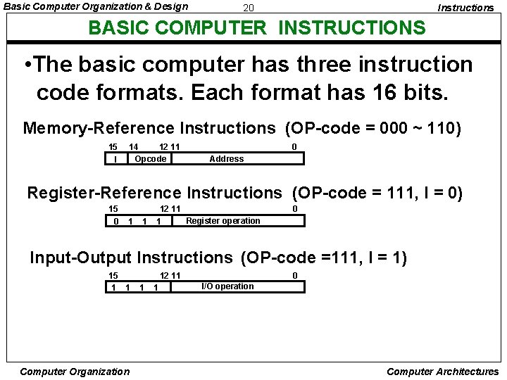 Basic Computer Organization & Design 20 Instructions BASIC COMPUTER INSTRUCTIONS • The basic computer