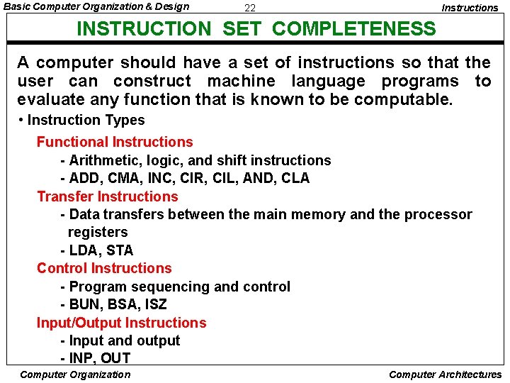 Basic Computer Organization & Design 22 Instructions INSTRUCTION SET COMPLETENESS A computer should have