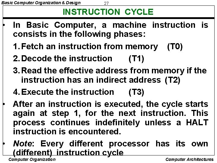 Basic Computer Organization & Design 27 INSTRUCTION CYCLE • In Basic Computer, a machine