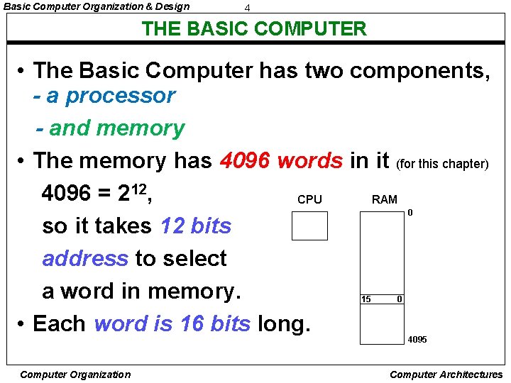 Basic Computer Organization & Design 4 THE BASIC COMPUTER • The Basic Computer has