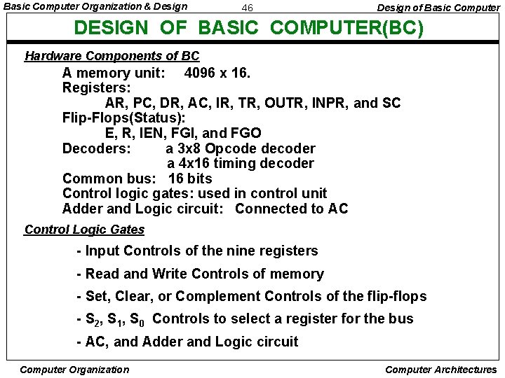 Basic Computer Organization & Design 46 Design of Basic Computer DESIGN OF BASIC COMPUTER(BC)