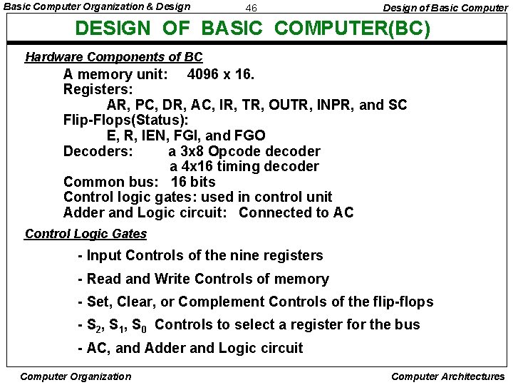 Basic Computer Organization & Design 46 Design of Basic Computer DESIGN OF BASIC COMPUTER(BC) Basic Computer Organization & Design 46 Design of Basic Computer DESIGN OF BASIC COMPUTER(BC)
