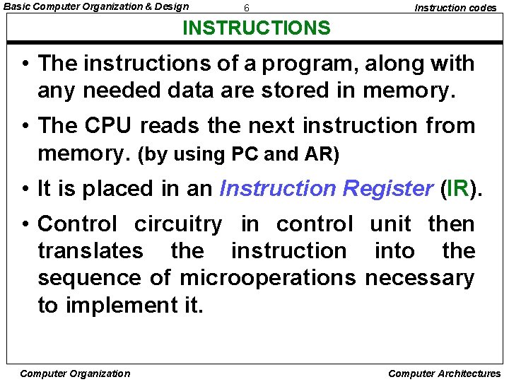 Basic Computer Organization & Design 6 Instruction codes INSTRUCTIONS • The instructions of a