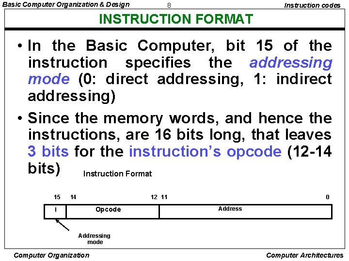 Basic Computer Organization & Design 8 Instruction codes INSTRUCTION FORMAT • In the Basic