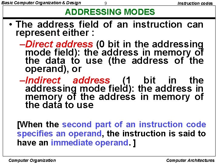 Basic Computer Organization & Design 9 Instruction codes ADDRESSING MODES • The address field