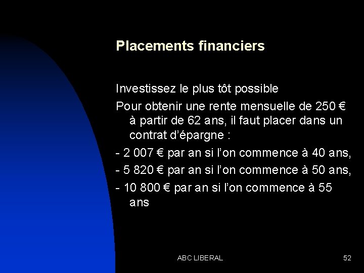 Placements financiers Investissez le plus tôt possible Pour obtenir une rente mensuelle de 250