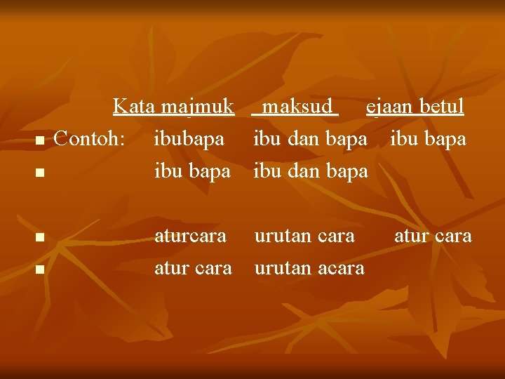 n n Kata majmuk maksud ejaan betul Contoh: ibubapa ibu dan bapa ibu dan