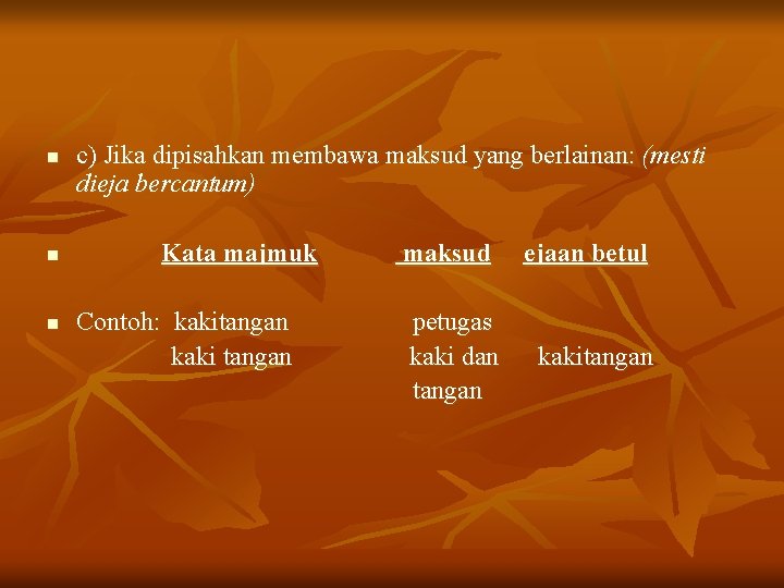 n n n c) Jika dipisahkan membawa maksud yang berlainan: (mesti dieja bercantum) Kata