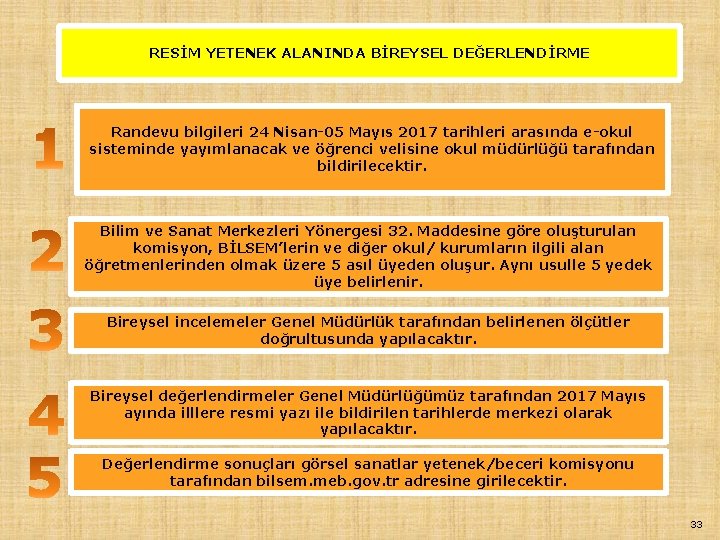 RESİM YETENEK ALANINDA BİREYSEL DEĞERLENDİRME Randevu bilgileri 24 Nisan-05 Mayıs 2017 tarihleri arasında e-okul