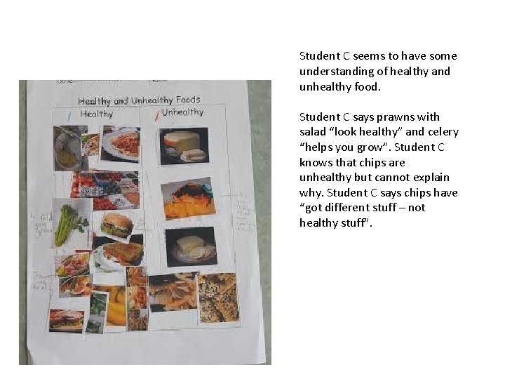 Student C seems to have some understanding of healthy and unhealthy food. Student C