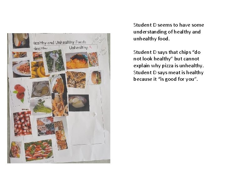 Student D seems to have some understanding of healthy and unhealthy food. Student D