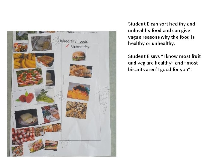 Student E can sort healthy and unhealthy food and can give vague reasons why