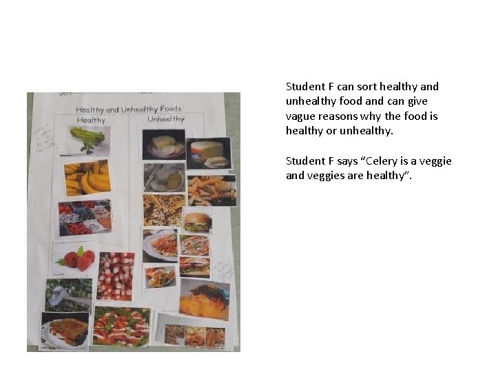 Student F can sort healthy and unhealthy food and can give vague reasons why