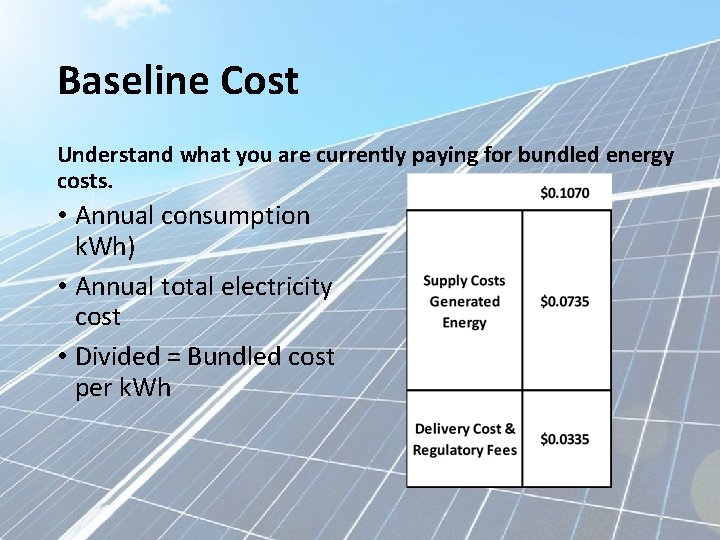 Baseline Cost Understand what you are currently paying for bundled energy costs. • Annual
