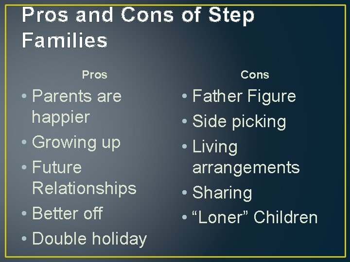 Pros and Cons of Step Families Pros • Parents are happier • Growing up