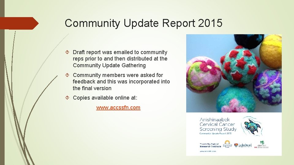 Community Update Report 2015 Draft report was emailed to community reps prior to and