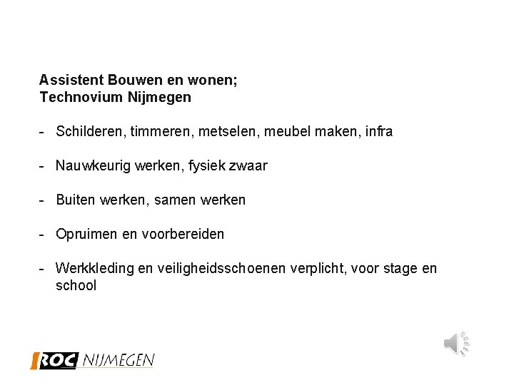 Assistent Bouwen en wonen; Technovium Nijmegen - Schilderen, timmeren, metselen, meubel maken, infra -