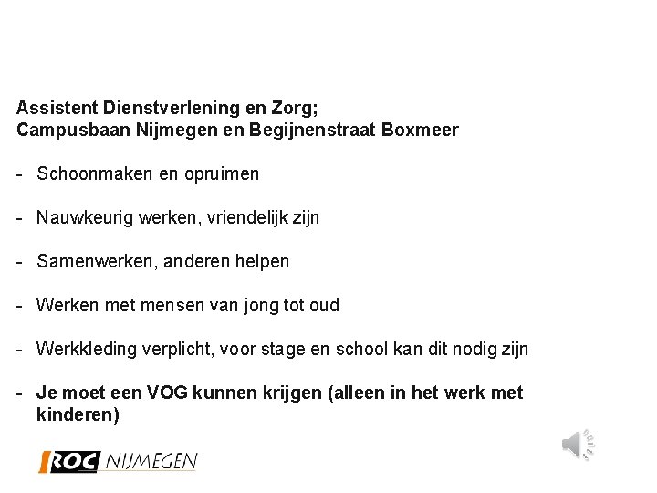 Assistent Dienstverlening en Zorg; Campusbaan Nijmegen en Begijnenstraat Boxmeer - Schoonmaken en opruimen -