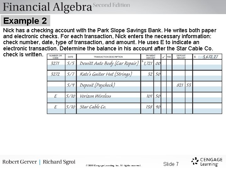 Example 2 Nick has a checking account with the Park Slope Savings Bank. He