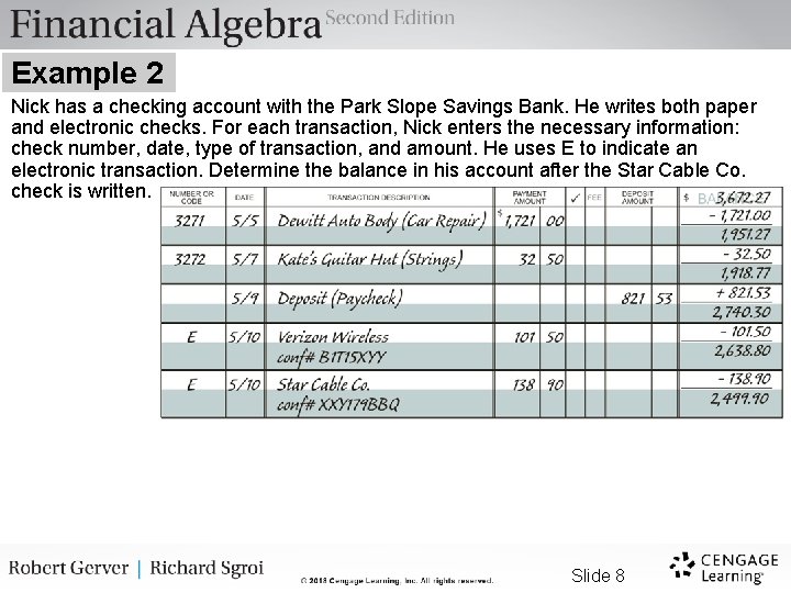 Example 2 Nick has a checking account with the Park Slope Savings Bank. He