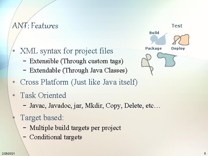 ANT: Features • XML syntax for project files Test Build Package Deploy − Extensible