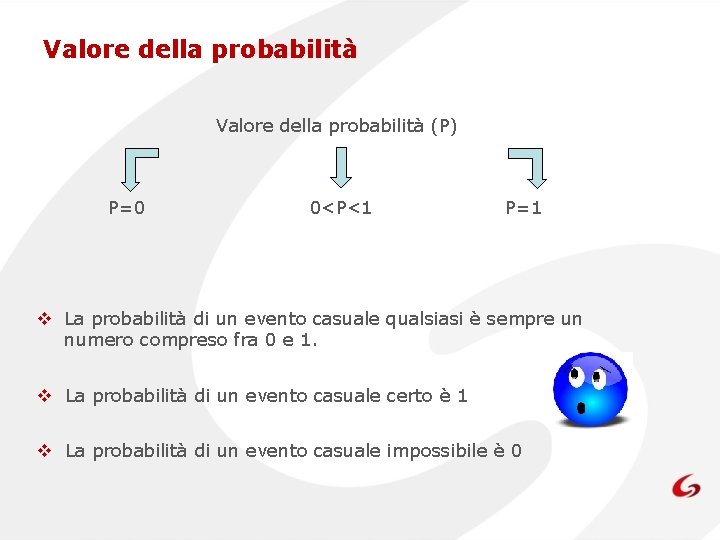 Valore della probabilità (P) P=0 0<P<1 P=1 v La probabilità di un evento casuale