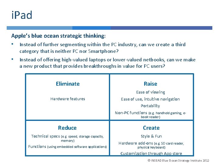 i. Pad Apple’s blue ocean strategic thinking: • Instead of further segmenting within the