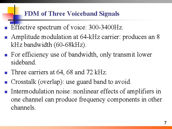 FDM of Three Voiceband Signals n n n Effective spectrum of voice: 300 -3400