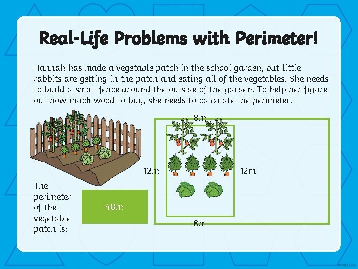 Real-Life Problems with Perimeter! Hannah has made a vegetable patch in the school garden,