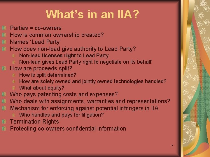 What’s in an IIA? Parties = co-owners How is common ownership created? Names ‘Lead