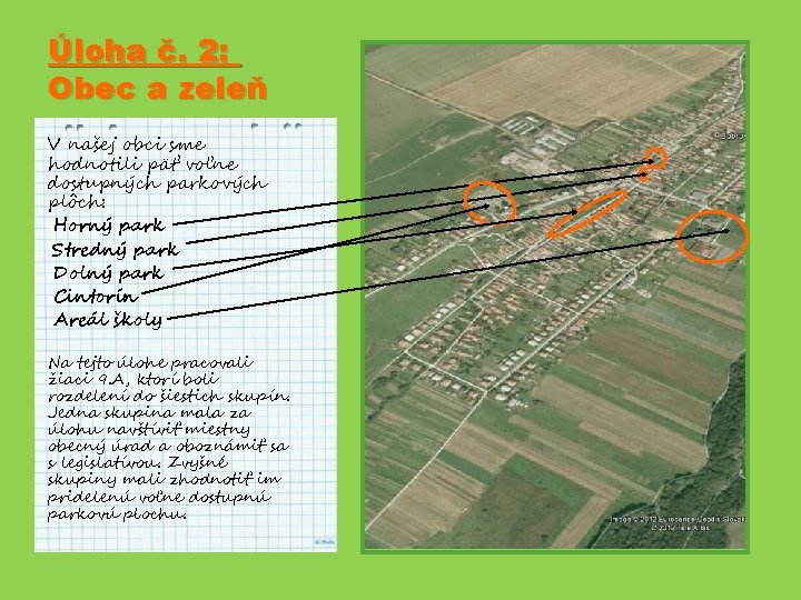 Úloha č. 2: Obec a zeleň V našej obci sme hodnotili päť voľne dostupných