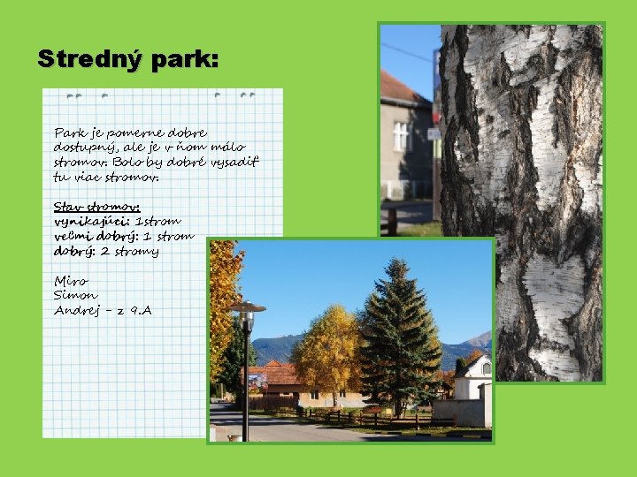 Stredný park: Park je pomerne dobre dostupný, ale je v ňom málo stromov. Bolo