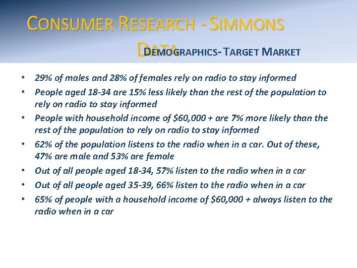 CONSUMER RESEARCH - SIMMONS EMOGRAPHICS- TARGET MARKET DDATA • 29% of males and 28%