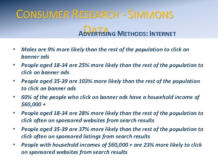 CONSUMER RESEARCH - SIMMONS ATA METHODS: INTERNET AD DVERTISING • Males are 9% more