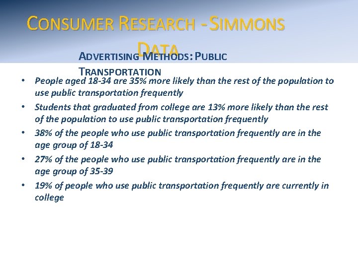 CONSUMER RESEARCH - SIMMONS ADVERTISINGD MATA ETHODS: PUBLIC TRANSPORTATION • People aged 18 -34