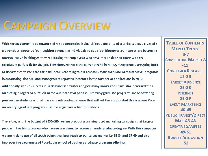 CAMPAIGN OVERVIEW With recent economic downturn and many companies laying off good majority of