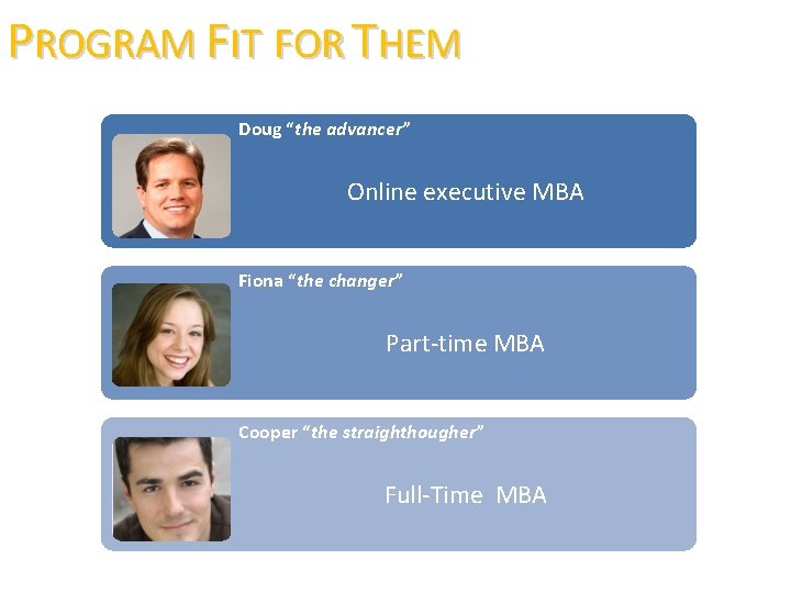 PROGRAM FIT FOR THEM Doug “the advancer” Online executive MBA Fiona “the changer” Part-time